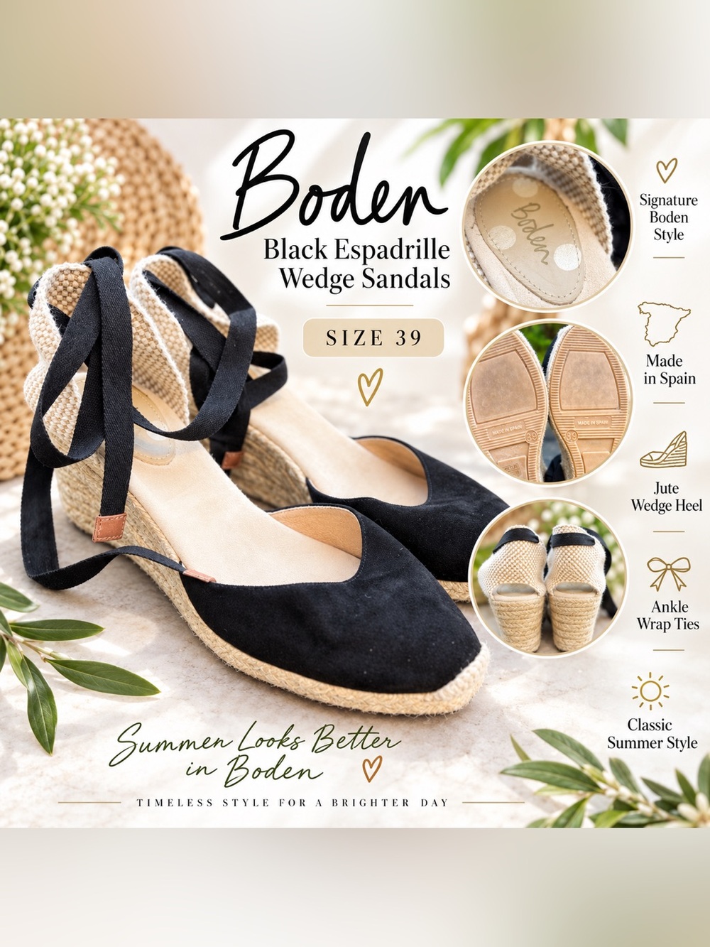 Boden Black Espadrille Wedges with Ankle Tie